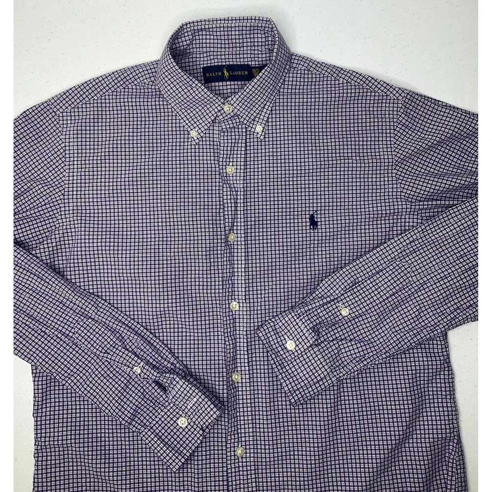 Polo Ralph Lauren Shirt Men Sz 15.5 Button Front Plaid Purple Long Sleeve Pony